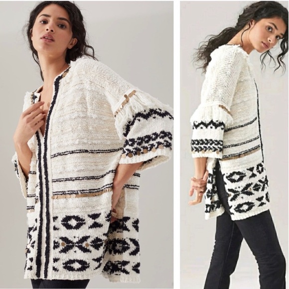 Anthropologie Margot Fringed Poncho V Neck Sweater